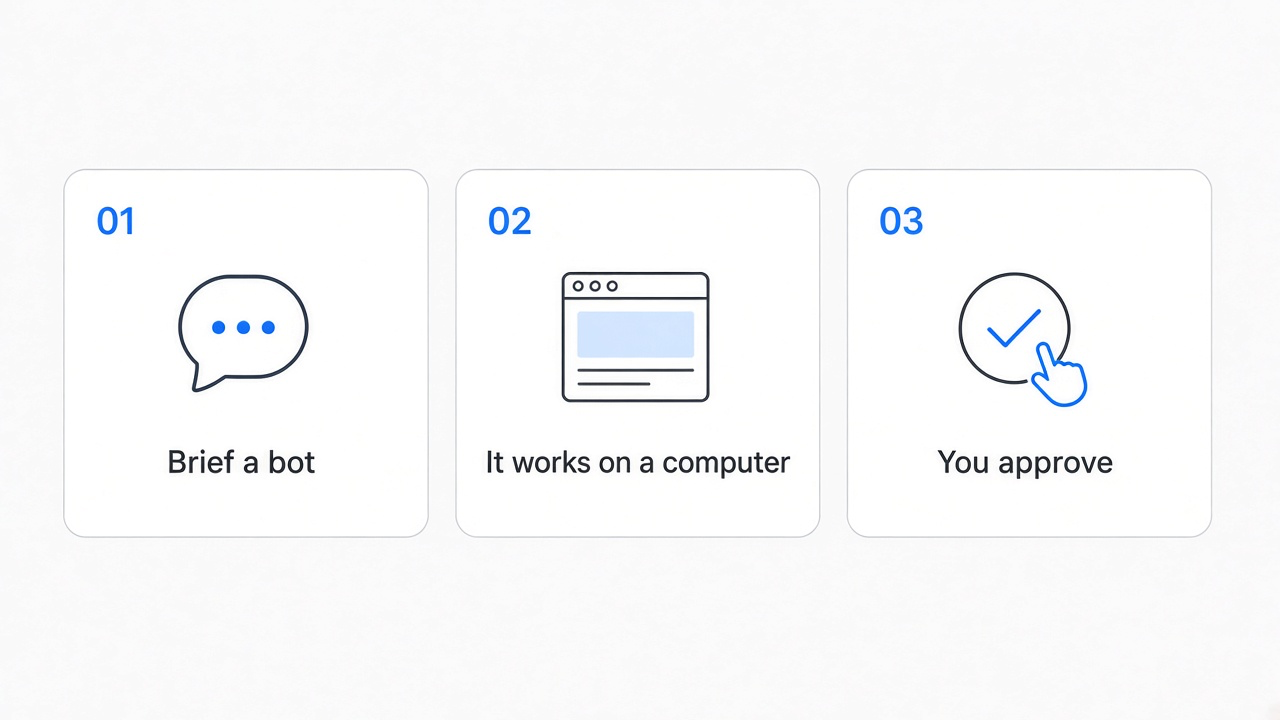 How it works - brief a bot, it works on a computer, you approve